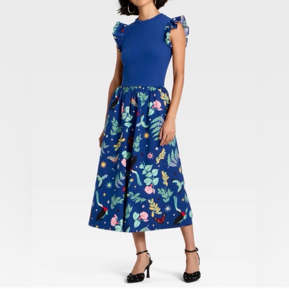 Latino Heritage Month Blue Two-Piece Dress with Floral Print Skirt XL New